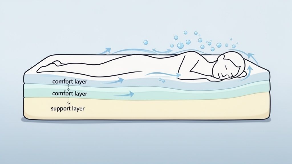 Illustration of a person sleeping on a multi-layered mattress, highlighting comfort and support layers with airflow.