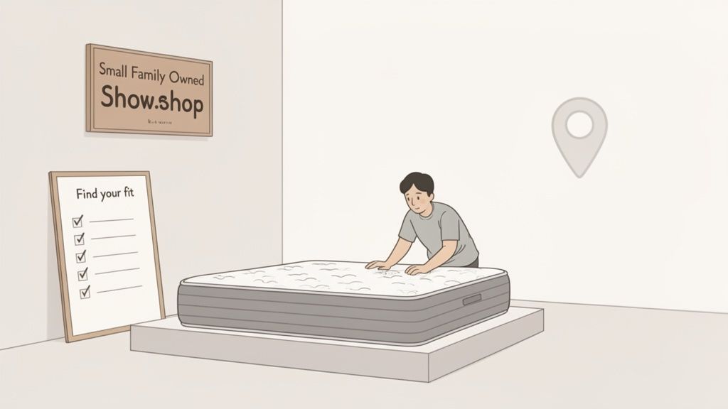 Illustration of a man testing a mattress in a small family-owned shop with a 'Find your fit' checklist.