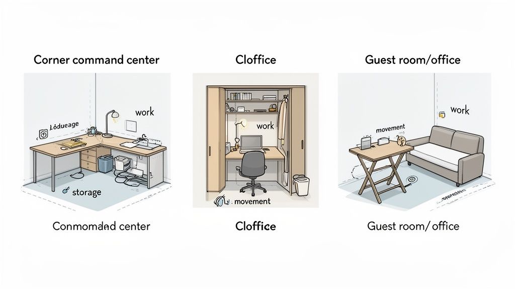 Three creative home office ideas for small spaces: a corner desk, a cloffice, and a guest room.