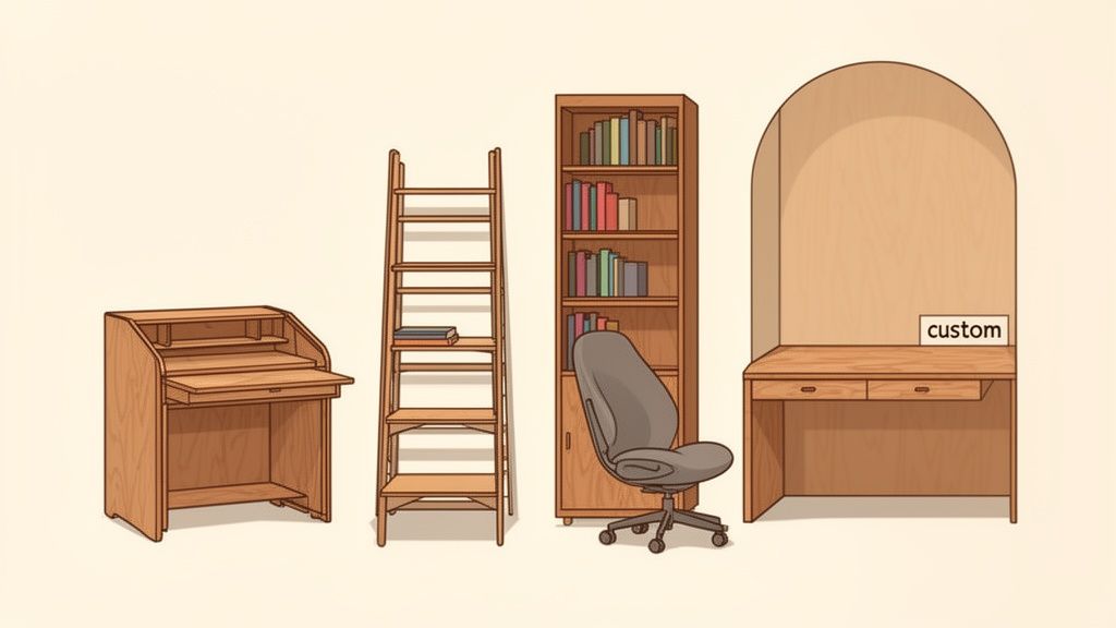 A collection of various wooden office furniture pieces including desks, bookshelves, and an office chair.