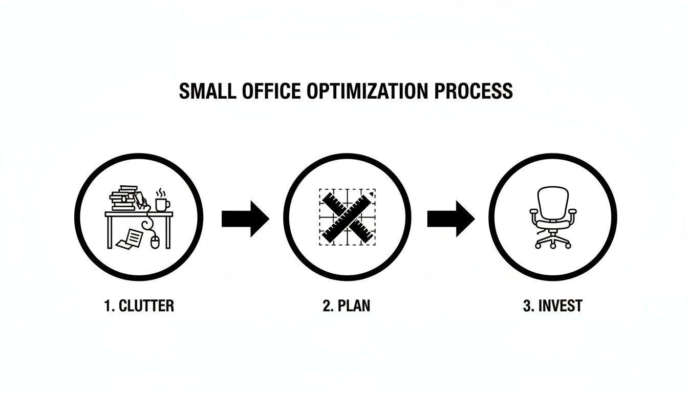 A diagram illustrates the small office optimization process: 1. Clutter, 2. Plan, 3. Invest.