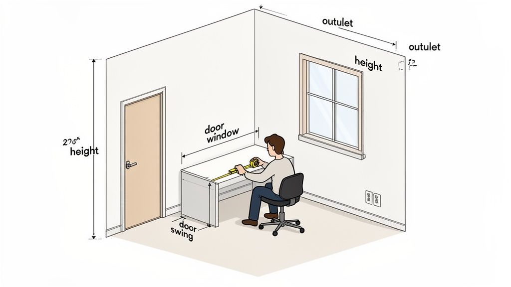 A man measures a white desk in a room with a door, window, and wall outlets, illustrating interior design planning.