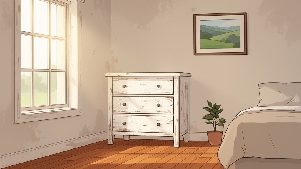 A rustic white dresser stands in a sunlit bedroom with a bed, plant, and framed art.