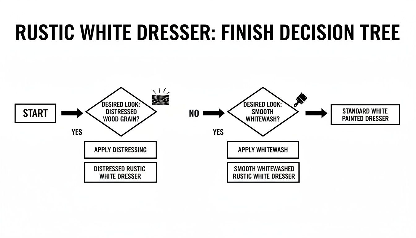 Flowchart illustrating finish options for a rustic white dresser: distressed, whitewashed, or standard painted.