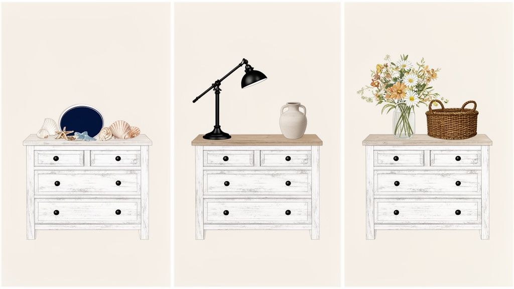 Three rustic white dressers showcasing different decor styles: coastal, industrial, and floral.