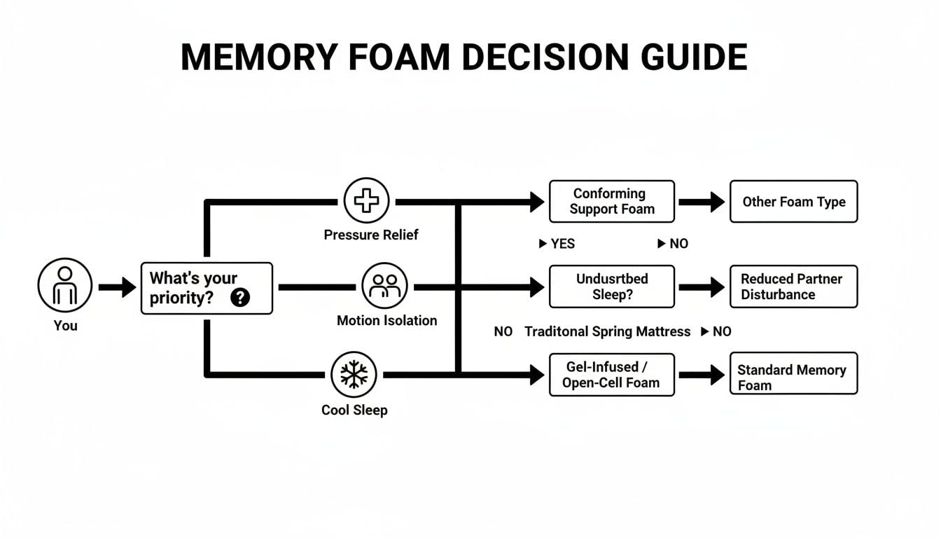 Flowchart guiding selection of memory foam mattresses based on pressure relief, motion isolation, and cool sleep.