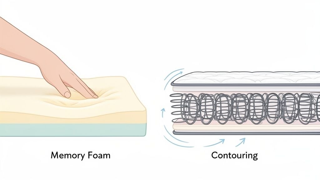 Visual comparison of a hand pressing into memory foam and a spring mattress illustrating contouring support.