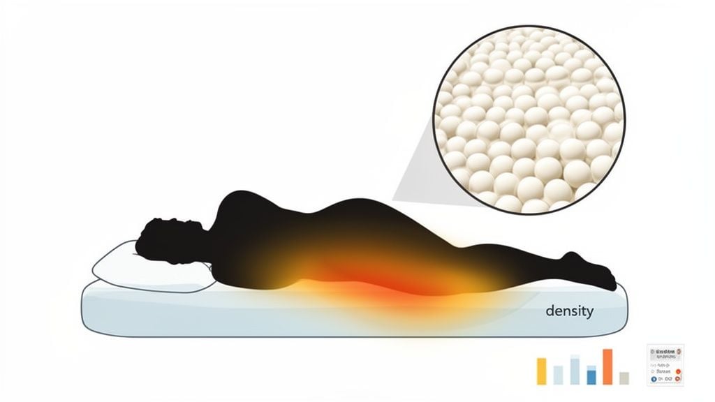 Illustration shows a person sleeping on a mattress with pressure points, and a magnified view of foam cells.