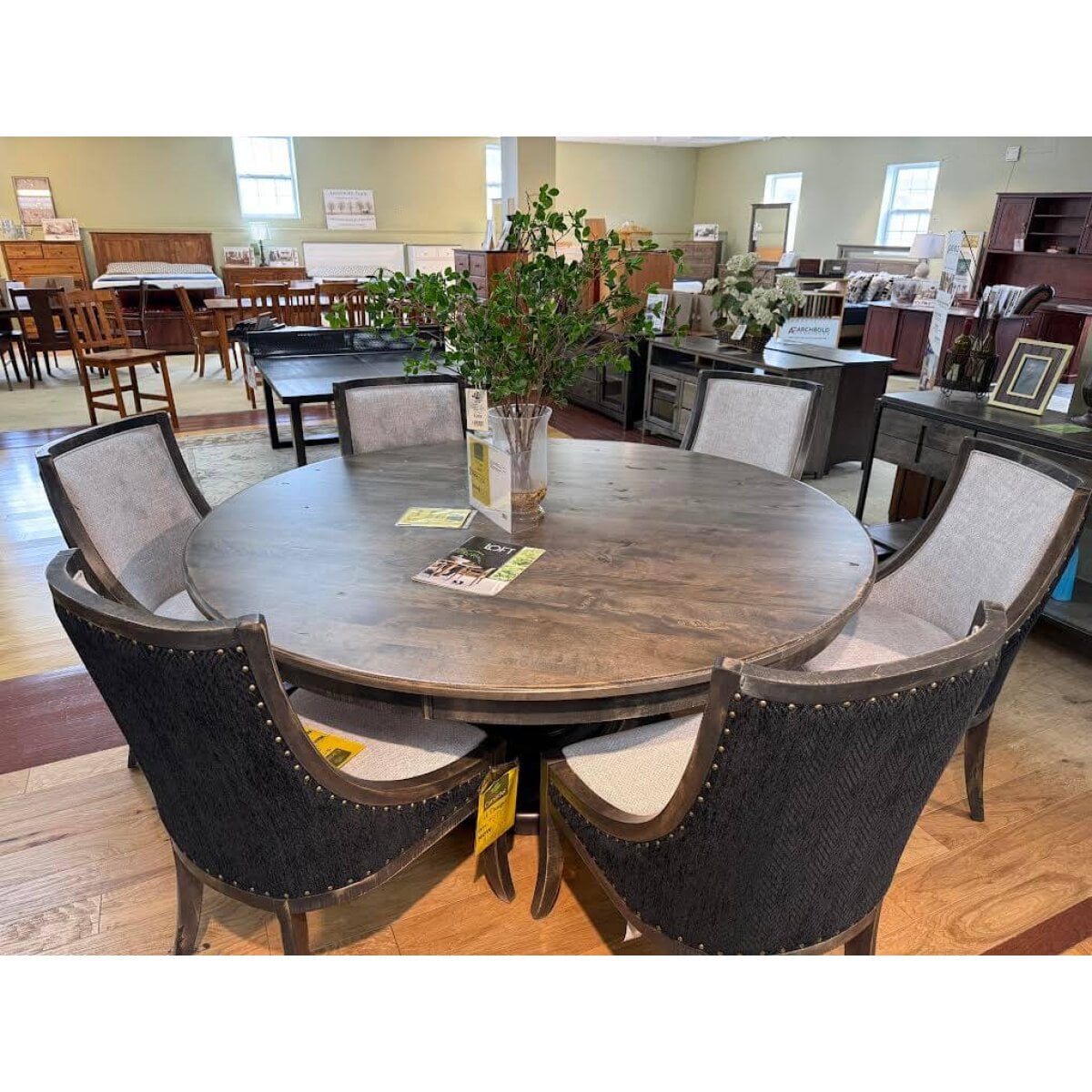 Canadel Champlain Round Dining Table with 6 Upholstered Chairs