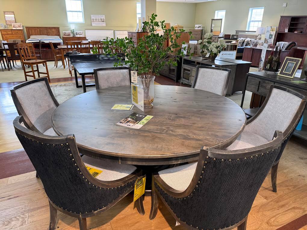 Canadel Champlain Round Dining Table with 6 Upholstered Chairs