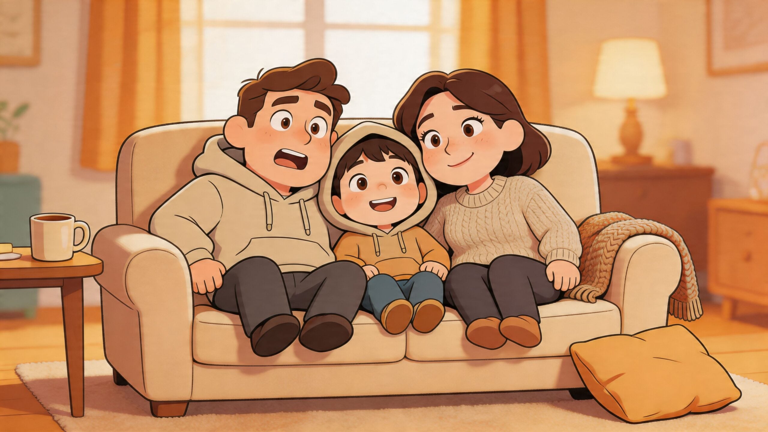 A young family, father, mother, and child, sitting together on a comfortable sofa in their living room.