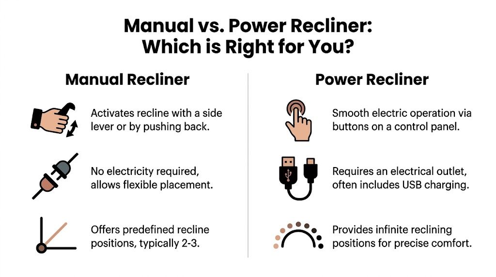 A comparison chart highlighting key differences between manual and power recliners regarding operation and electrical needs.