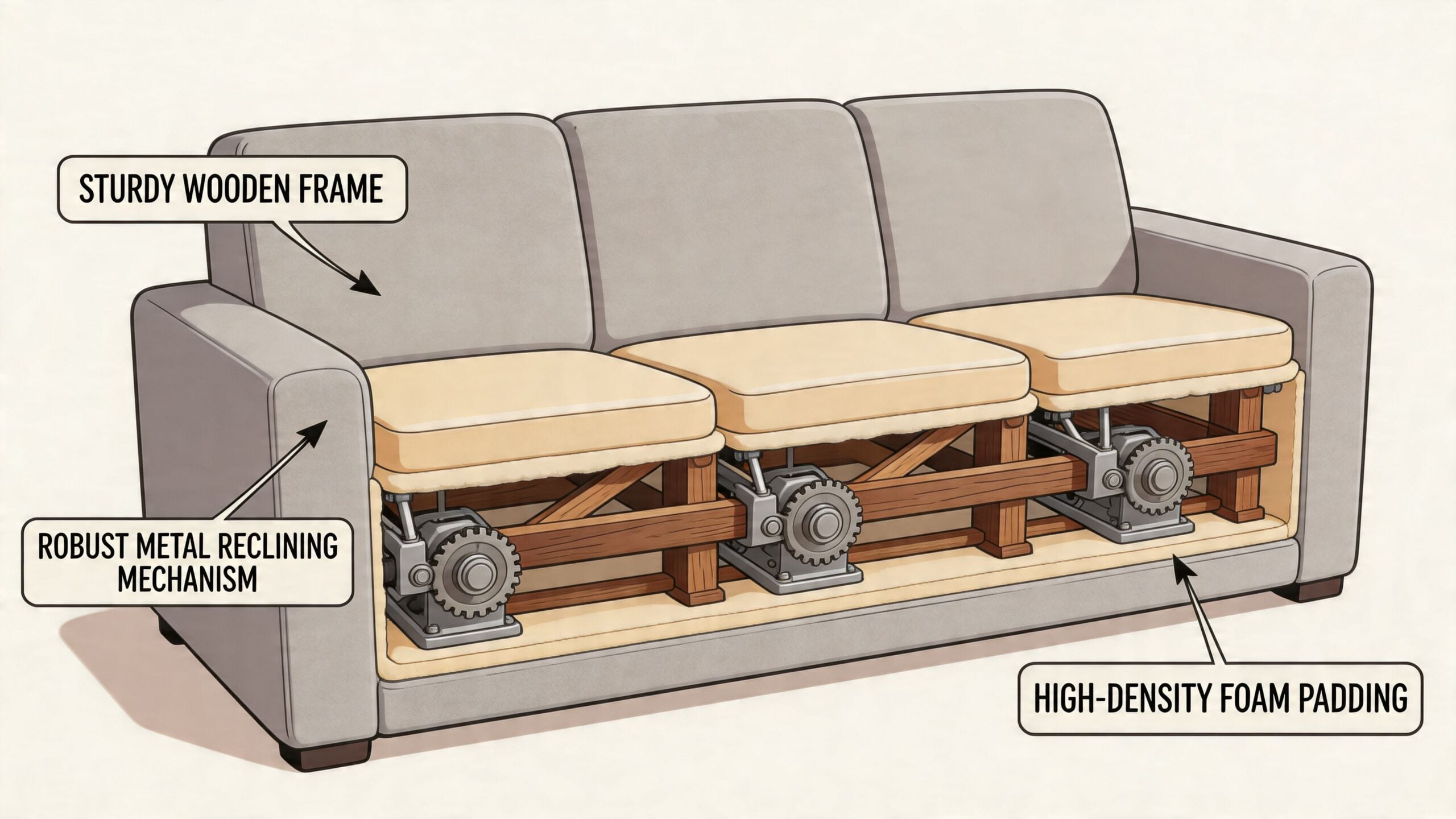 A cutaway view of a three-seat sofa showing the internal wooden frame, foam padding, and reclining mechanisms.
