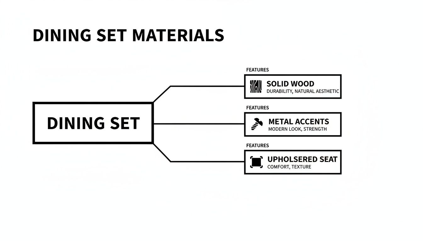Diagram illustrating dining set materials and features: solid wood, metal accents, and upholstered seats with their benefits.