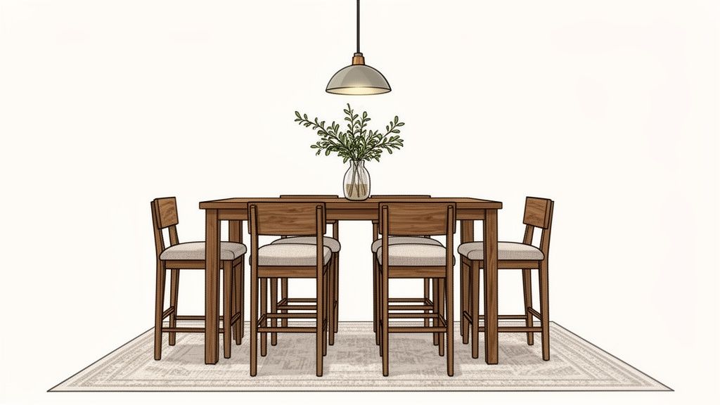 A modern wooden counter-height dining set with six bar stools, a centerpiece, and a hanging light.