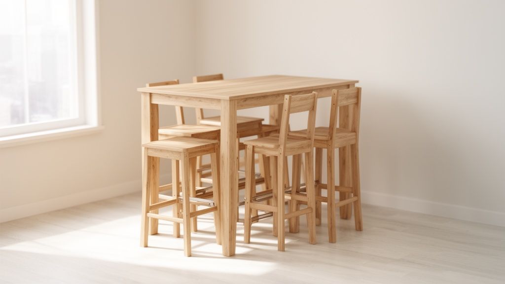 Light wood counter height dining table with six matching bar stools in a bright, minimalist room.