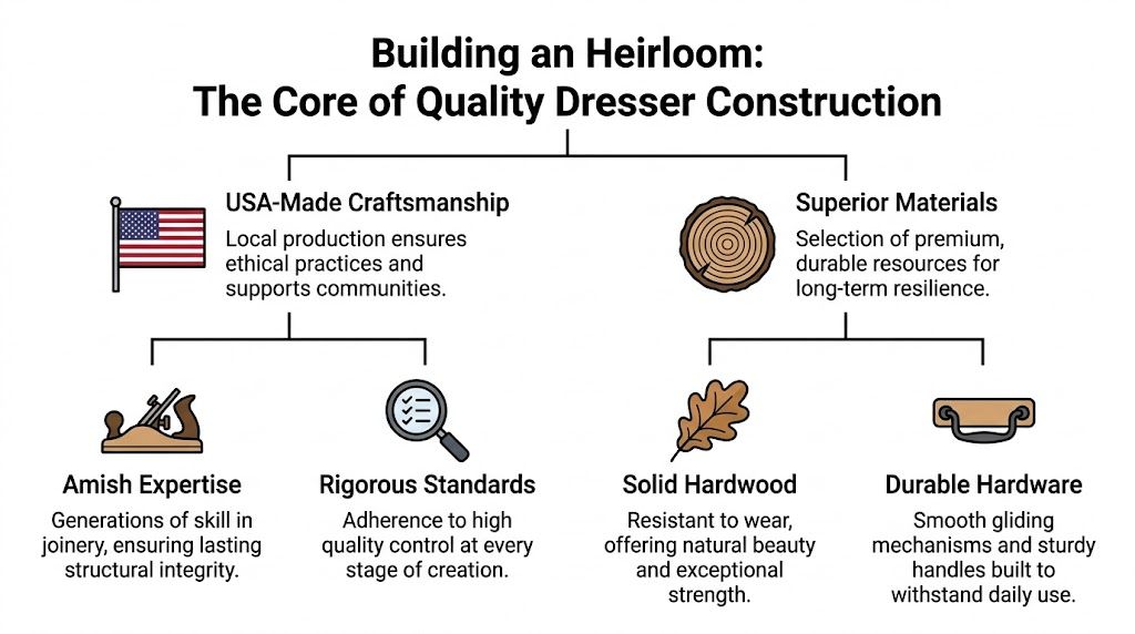 A diagram illustrating the core elements of quality dresser construction including craftsmanship and durable material selection.