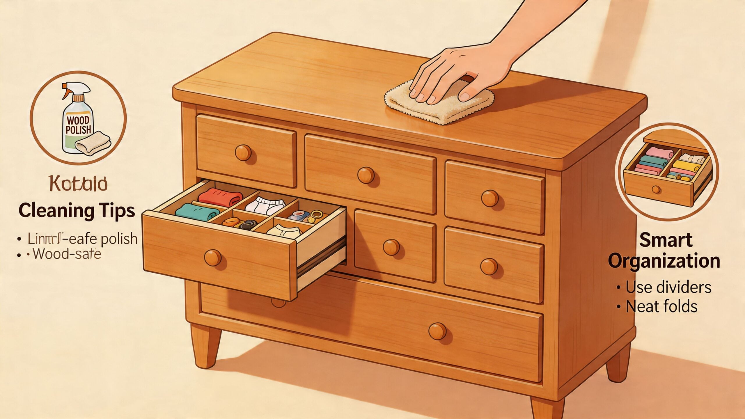 A wooden seven drawer dresser being polished by a hand, alongside tips for furniture cleaning and organization.