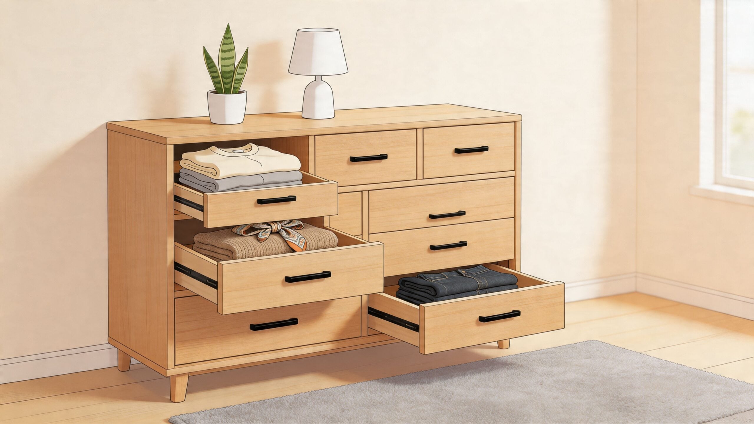 A modern light wood seven drawer dresser with organized clothing in open drawers in a bright room.
