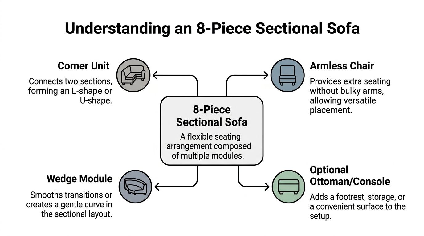 A diagram explaining the different modular components that make up an eight-piece sectional sofa setup.