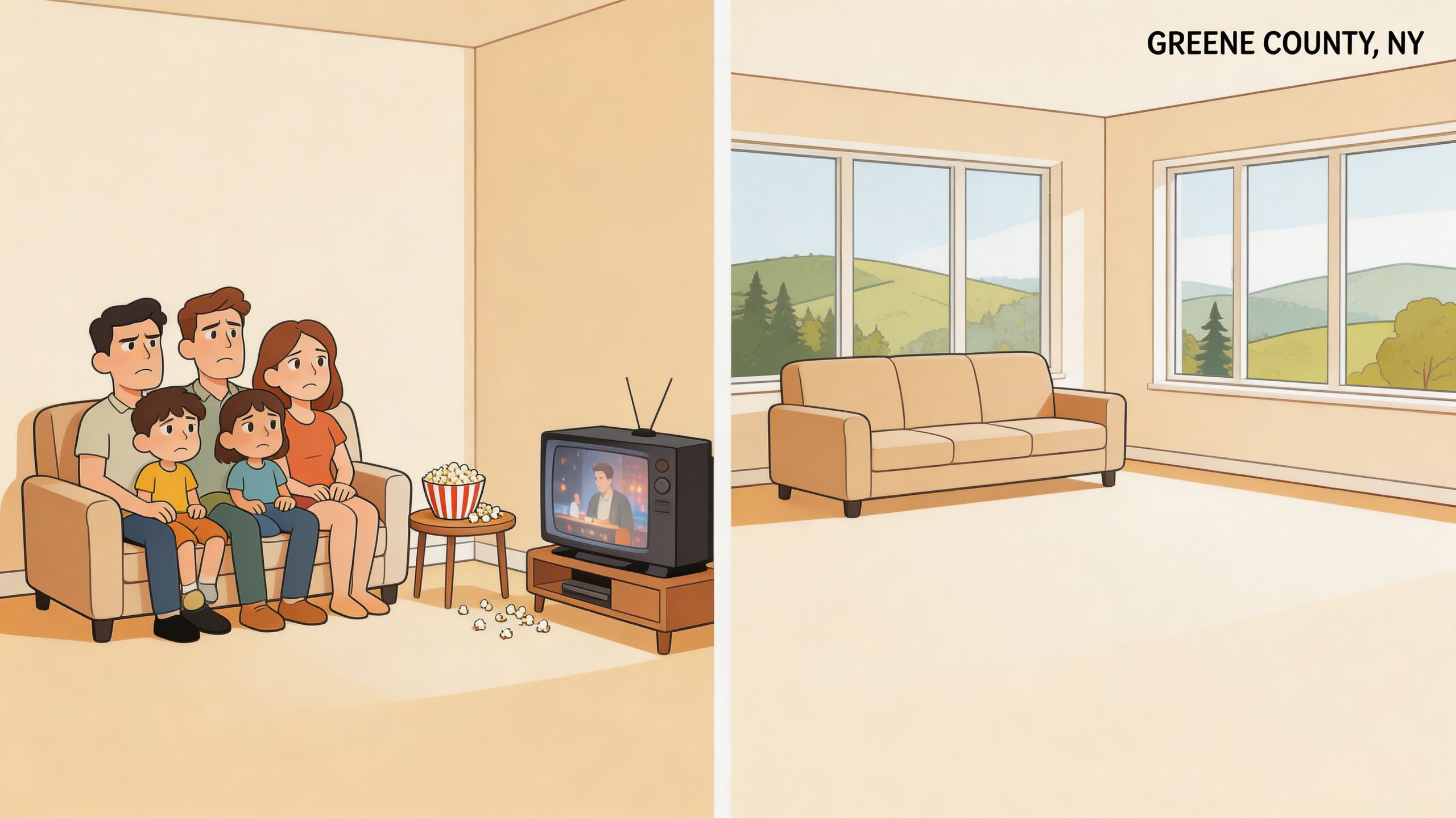A split-screen illustration showing a sad family watching television versus a serene empty living room.