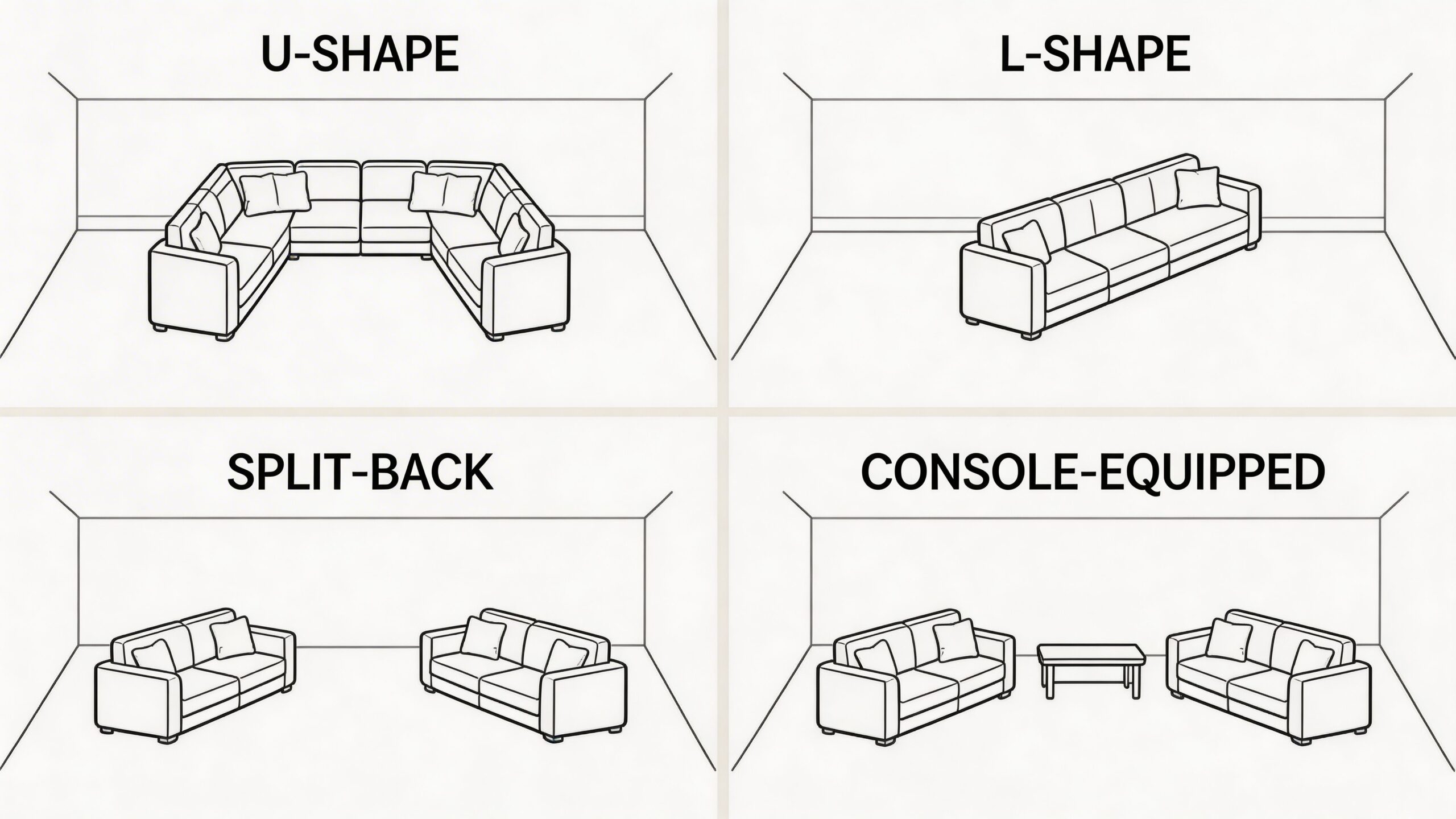 Four different diagrams illustrating sectional sofa configurations including U-shape, L-shape, split-back, and console-equipped designs.
