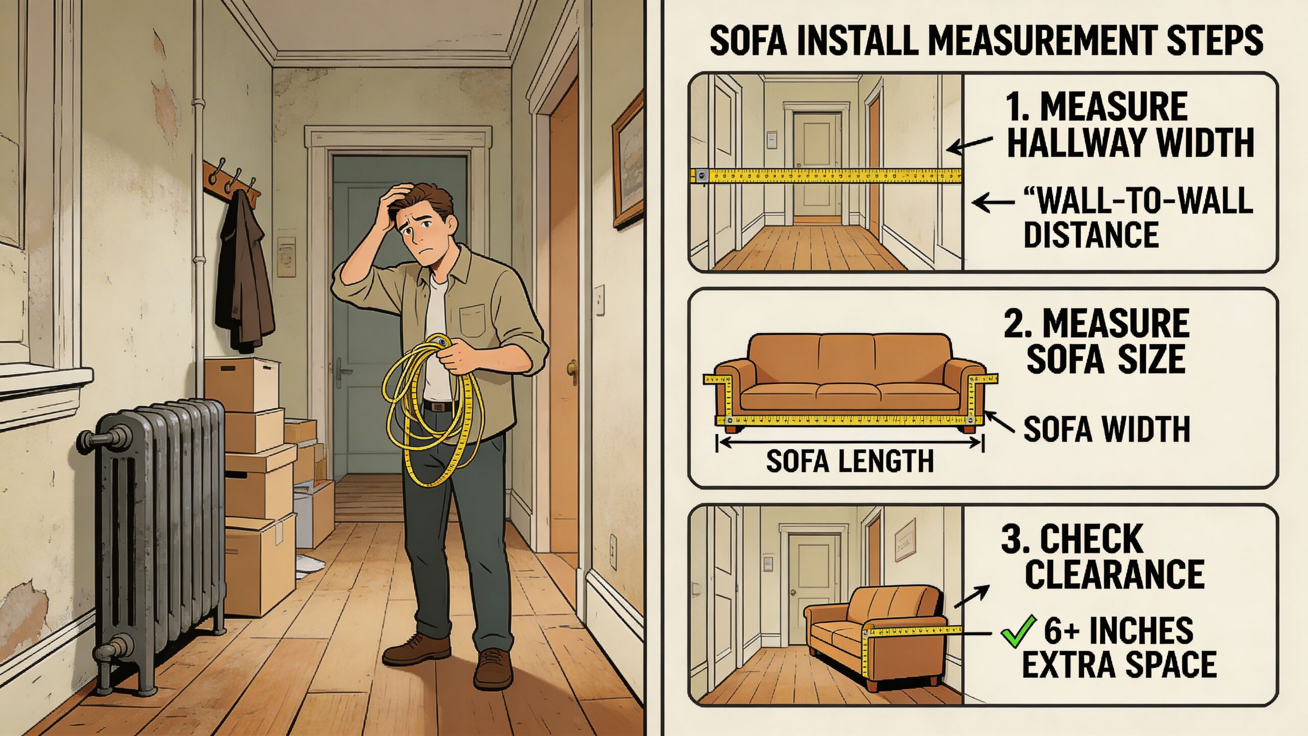A man in a hallway holding a measuring tape with an instructional diagram for measuring sofa clearance.