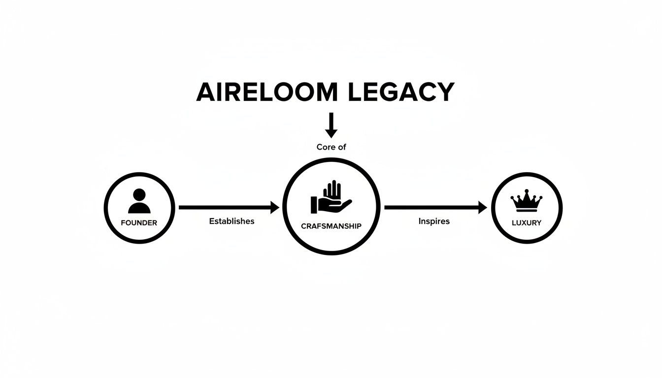 Flowchart illustrating Aireloom Legacy: Founder establishes craftsmanship, which inspires luxury. Craftsmanship is the core.