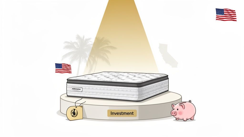 Aireloom mattress on a pedestal with price tag, piggy bank, and 'Investment' label, with USA flags.