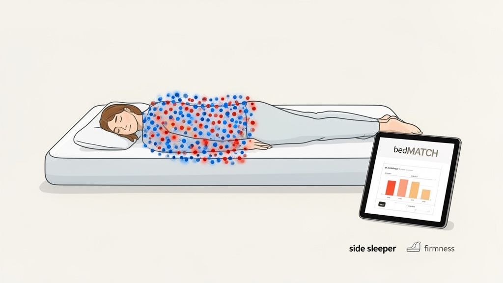 Illustration of a side sleeper on a mattress with pressure points, next to a bedMATCH tablet displaying firmness data.