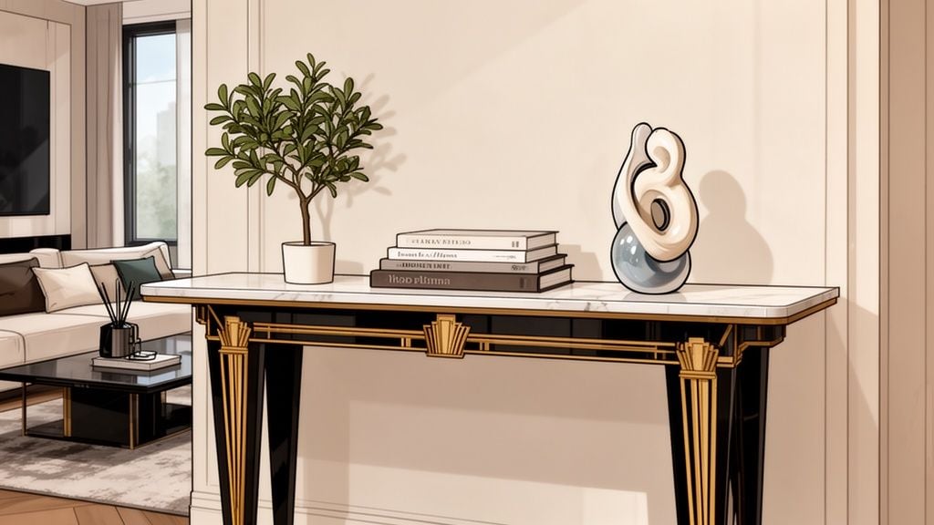 An elegant Art Deco console table topped with a potted plant, stacked books, and a modern ceramic sculpture.