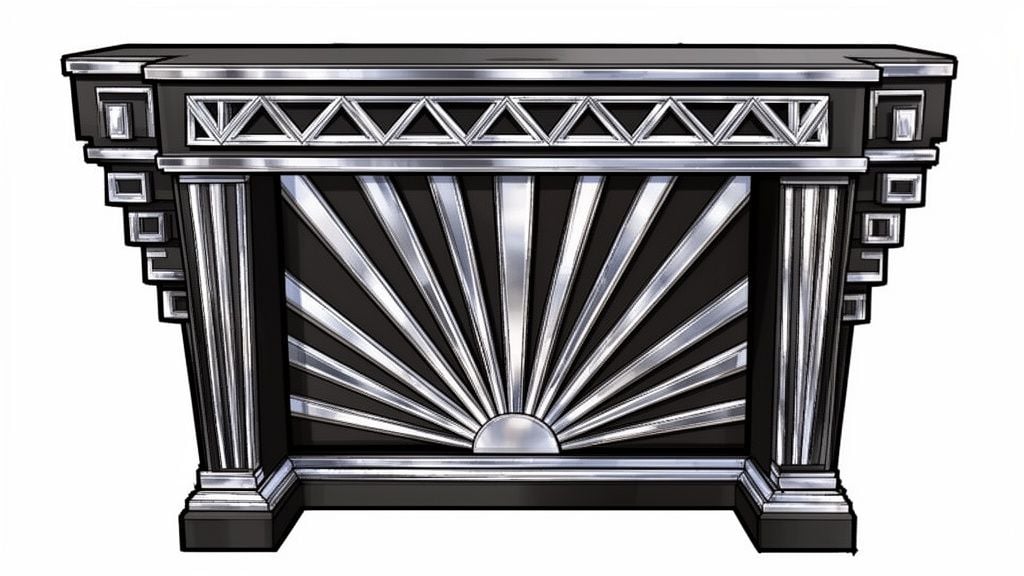 An elegant Art Deco console table featuring a bold sunburst design and polished metallic chrome accents.