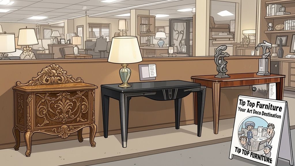 A furniture store display featuring an ornate wooden cabinet, an Art Deco console table, and sculptures.
