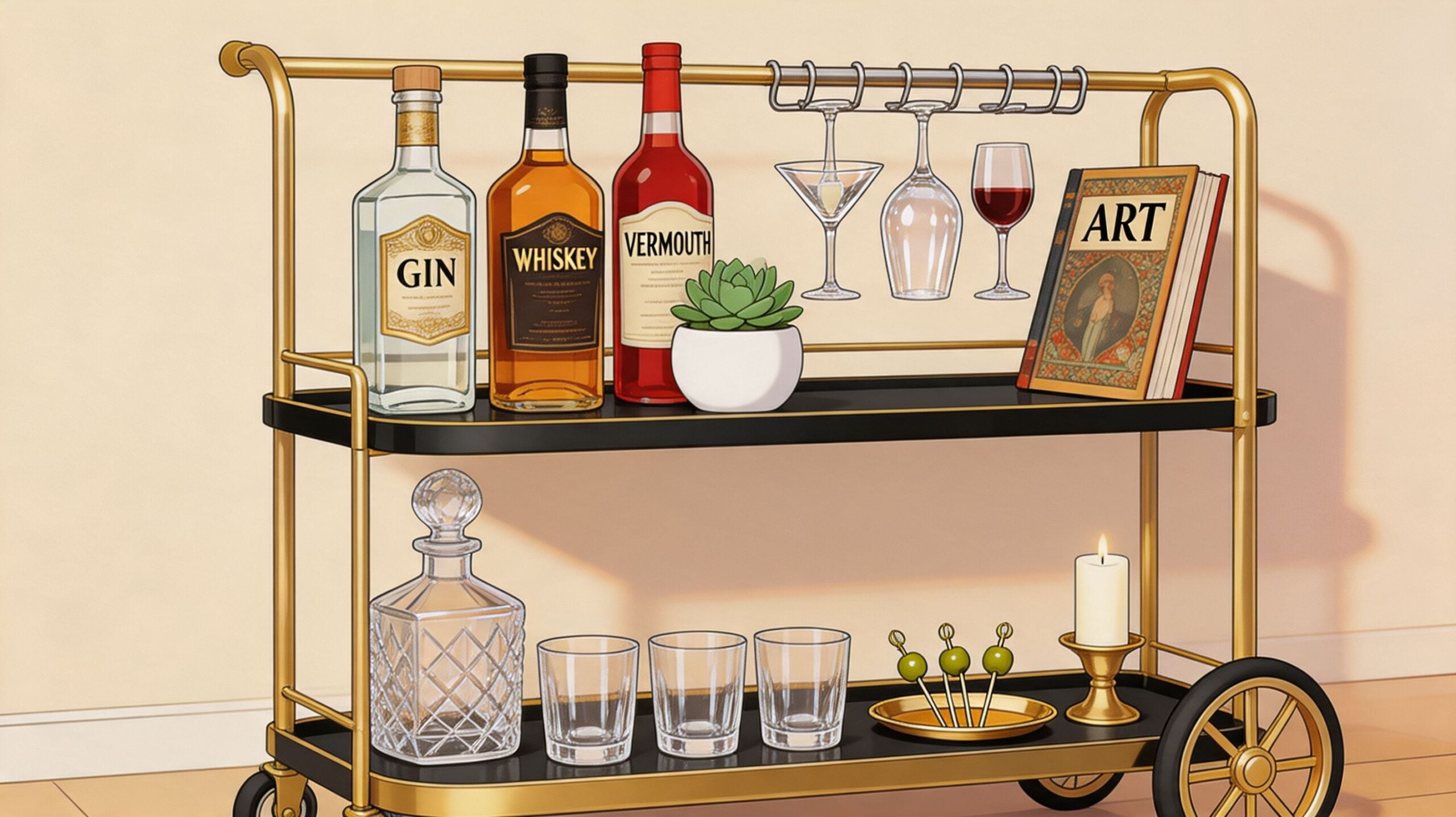 A stylish gold and black bar cart stocked with liquor bottles, glassware, art books, and decorative accents.