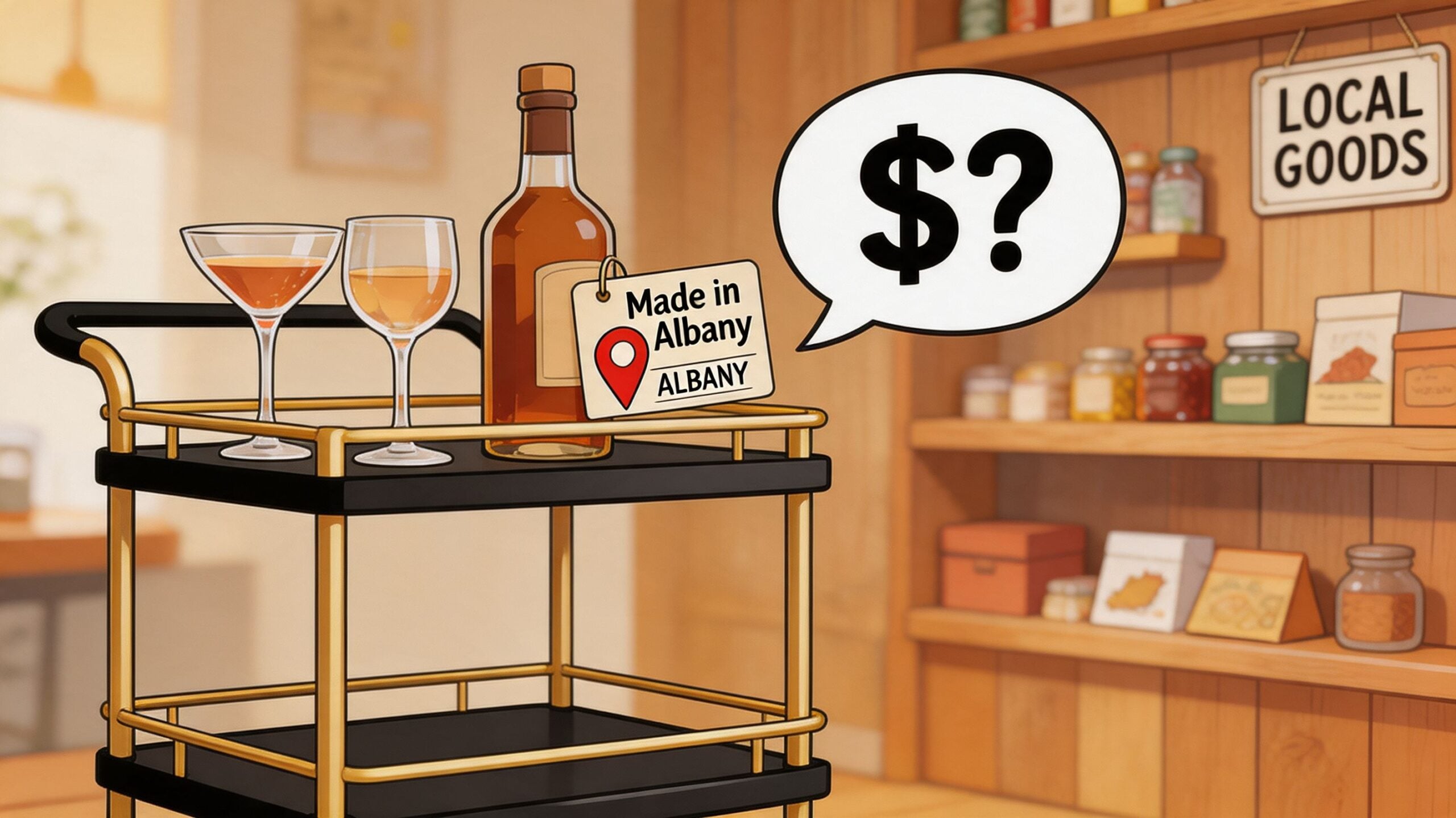 A bar cart featuring a liquor bottle, two glasses, and a sign indicating local Albany production.