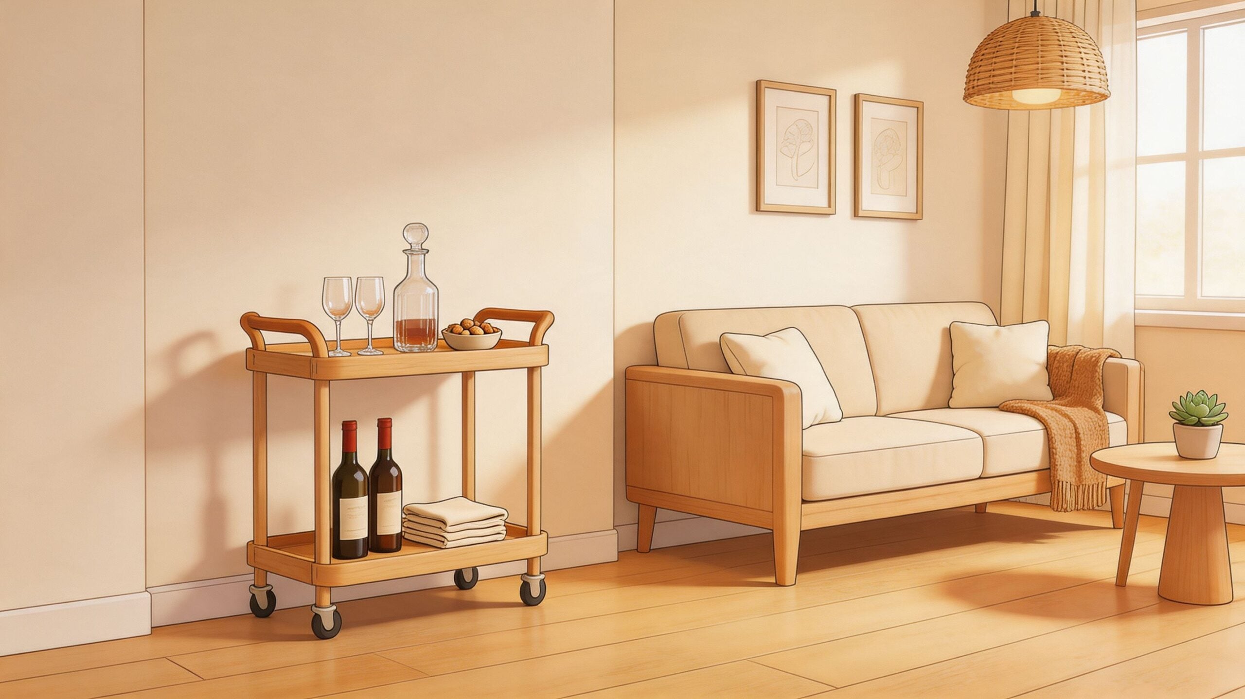 A wooden bar cart with wine, glasses, and a decanter next to a beige sofa in a room.