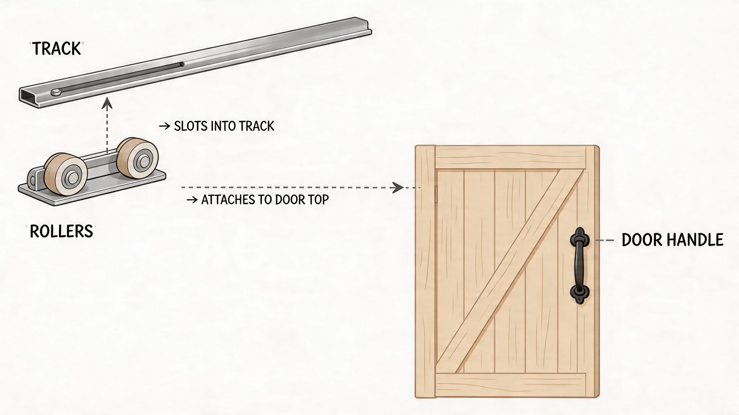 A diagram illustrating the installation process of a sliding barn door hardware set including track and rollers.