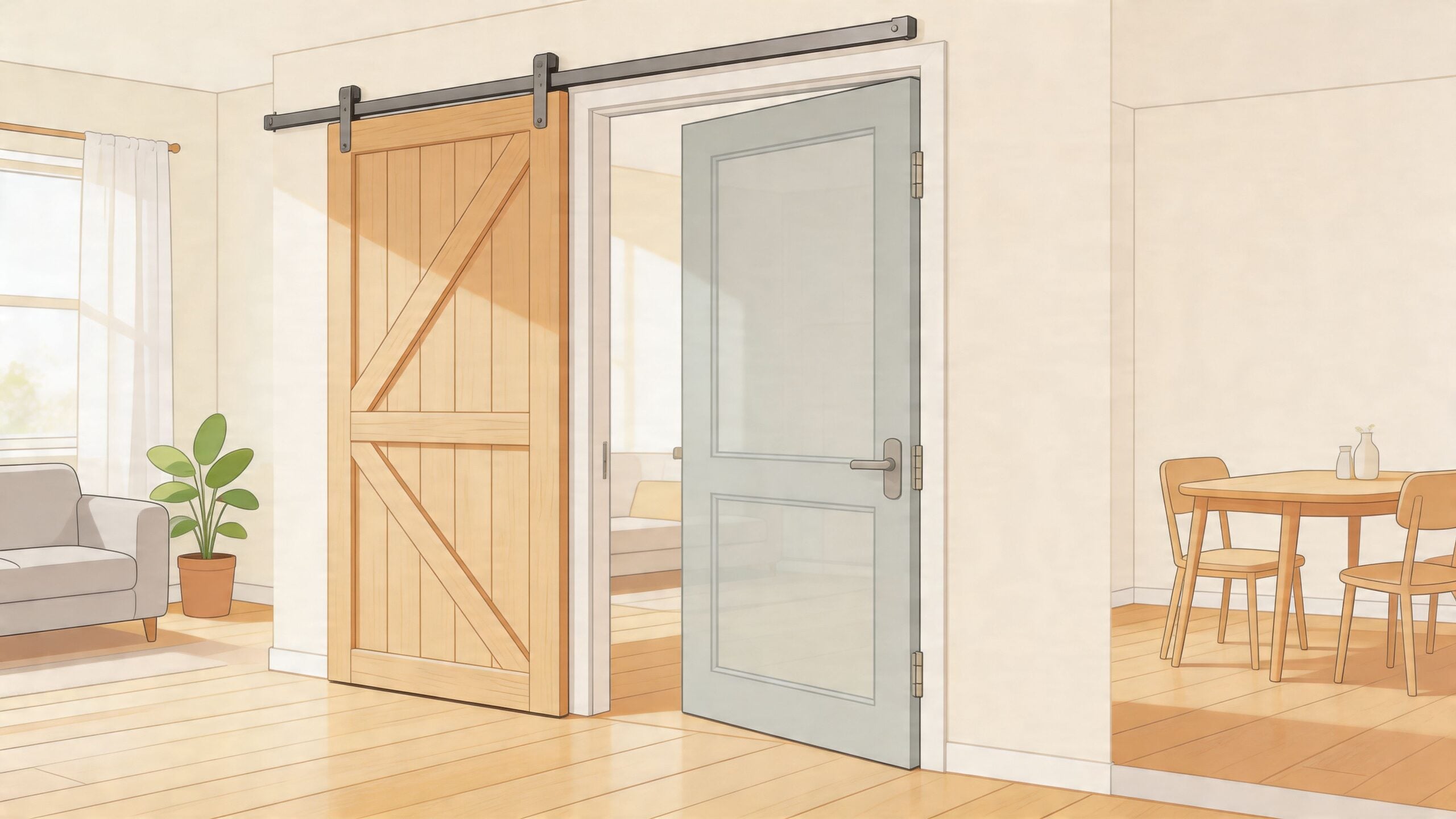 A wooden barn door and a classic hinged interior door connecting two bright, modern living spaces.