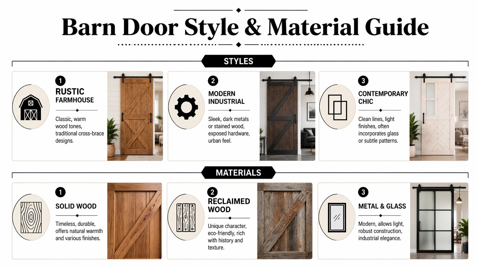 A comprehensive infographic guide comparing different styles and materials for residential barn door installations and room dividers.