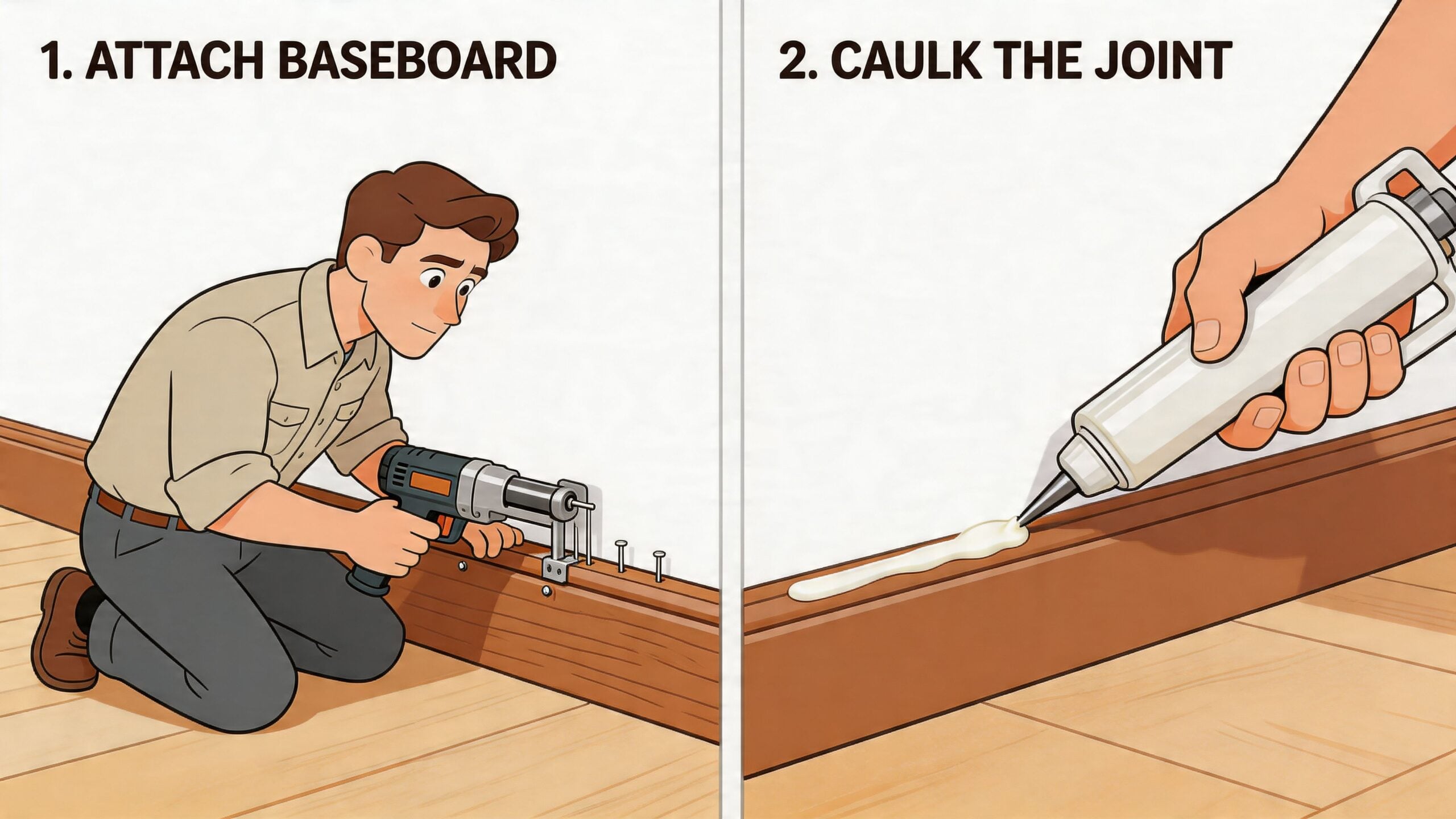 A two-part illustration showing a man nailing baseboard and then applying caulk to the joint.