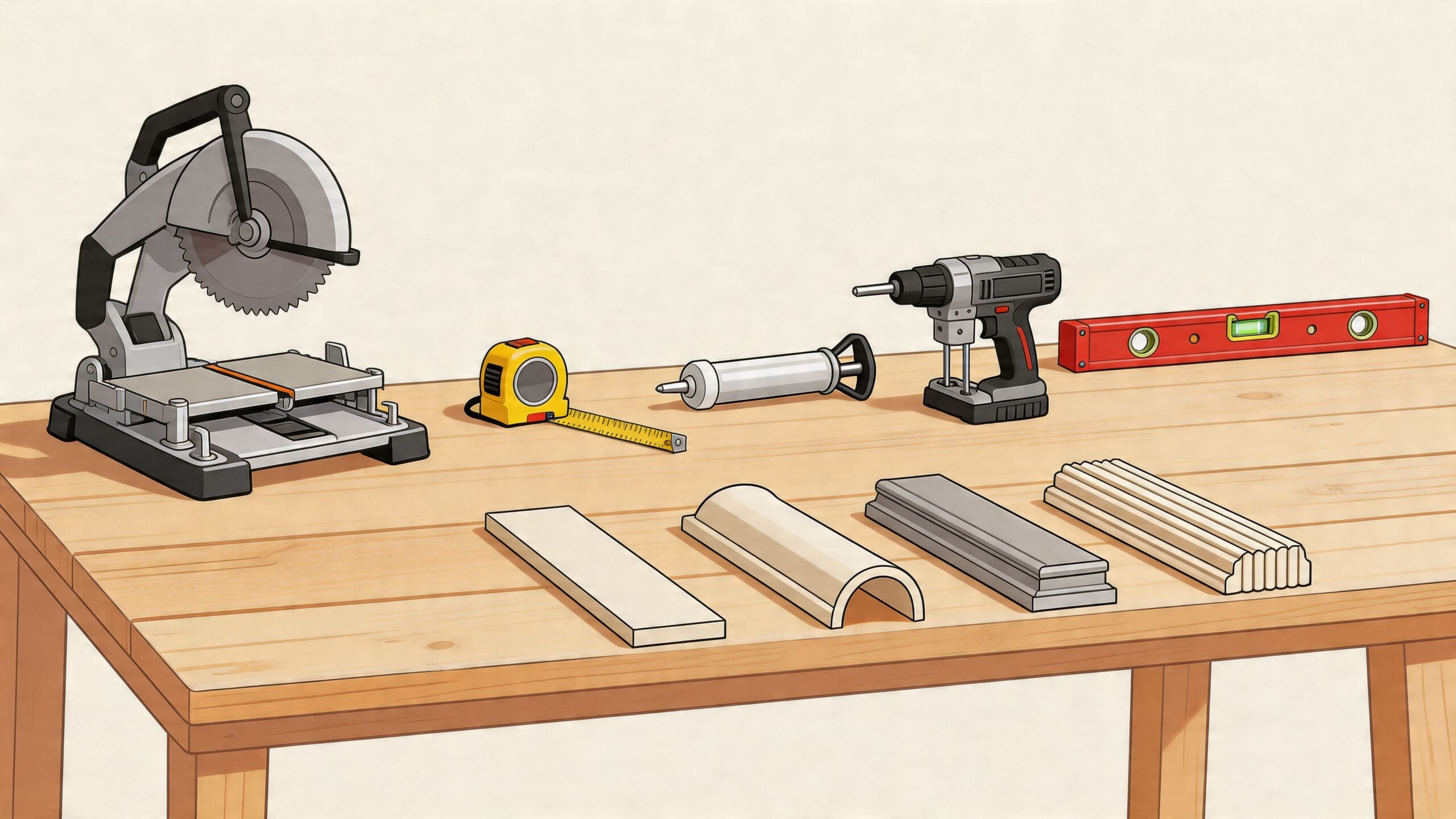 An illustration showing various construction tools and molding pieces arranged on a wooden workbench for project preparation.