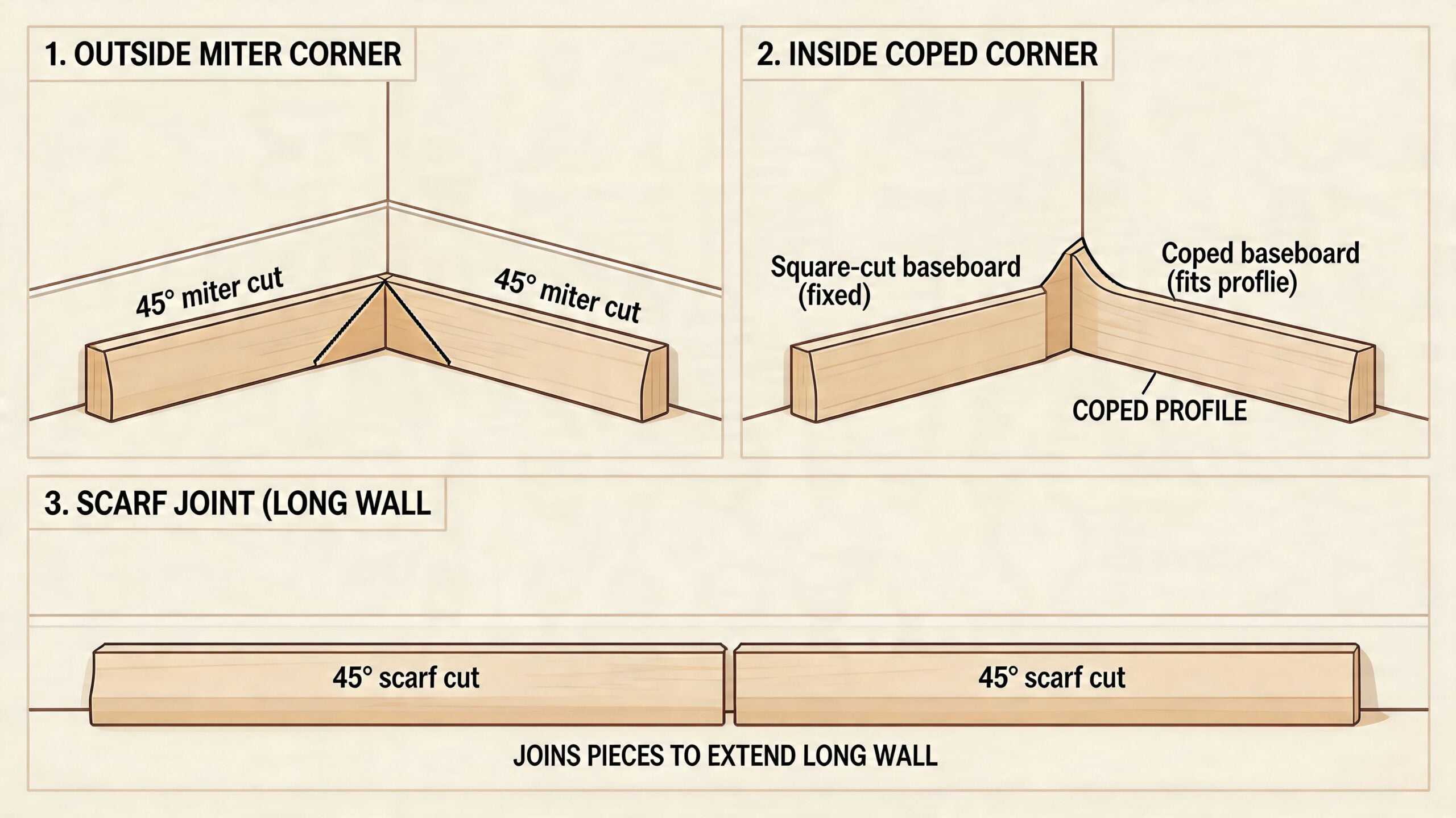 A diagram illustrating three types of baseboard molding joints including outside miter, inside coped, and scarf joints.