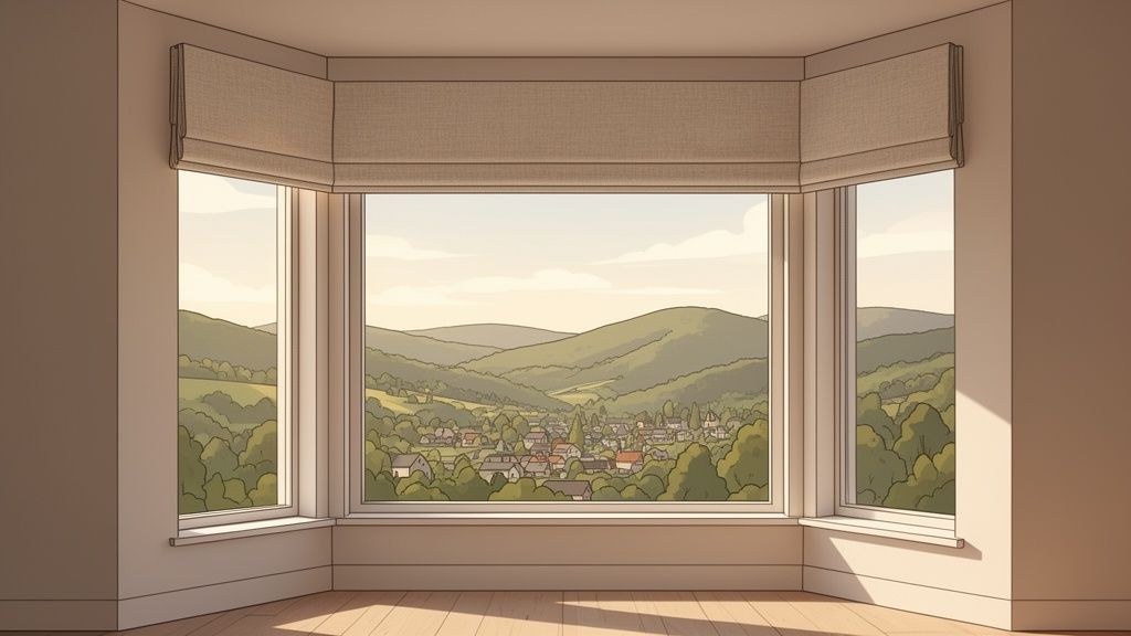 A beautiful bay window with neutral valances offers a scenic view of a village and rolling green hills.