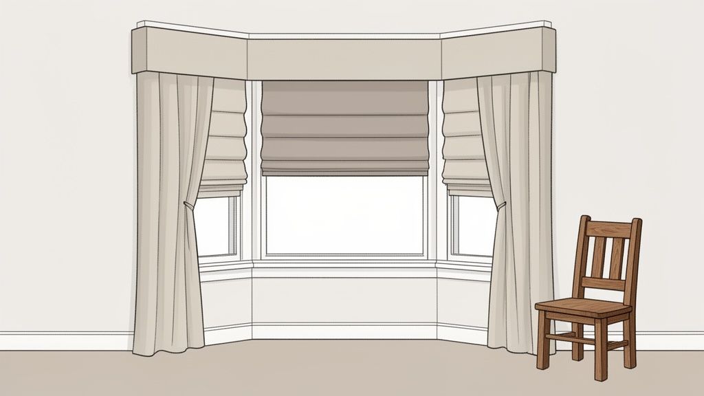 A detailed drawing of a bay window with a valance, Roman blinds, and curtains, next to a wooden chair.