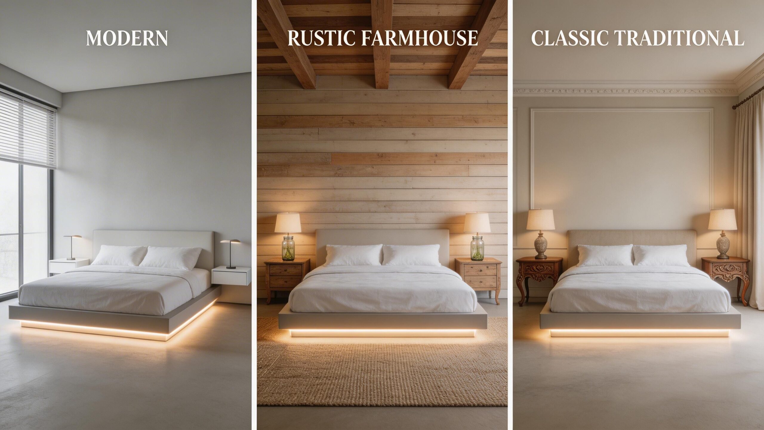 Three different bedroom interior design styles featuring a bed with under-glow ambient lighting against different backdrops.