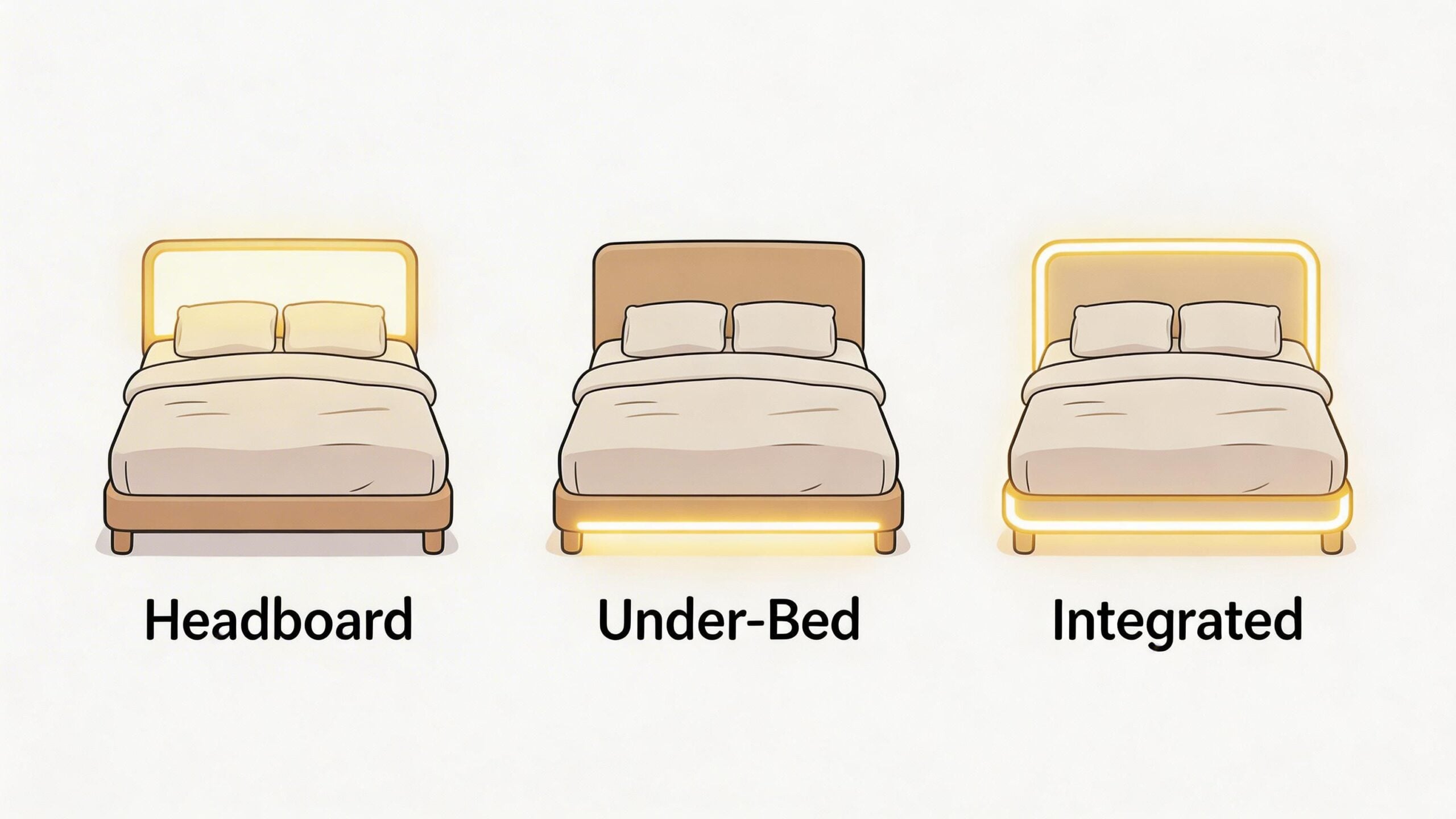 A diagram comparing three different styles of bed lighting: headboard lighting, under-bed lighting, and integrated bed lighting.
