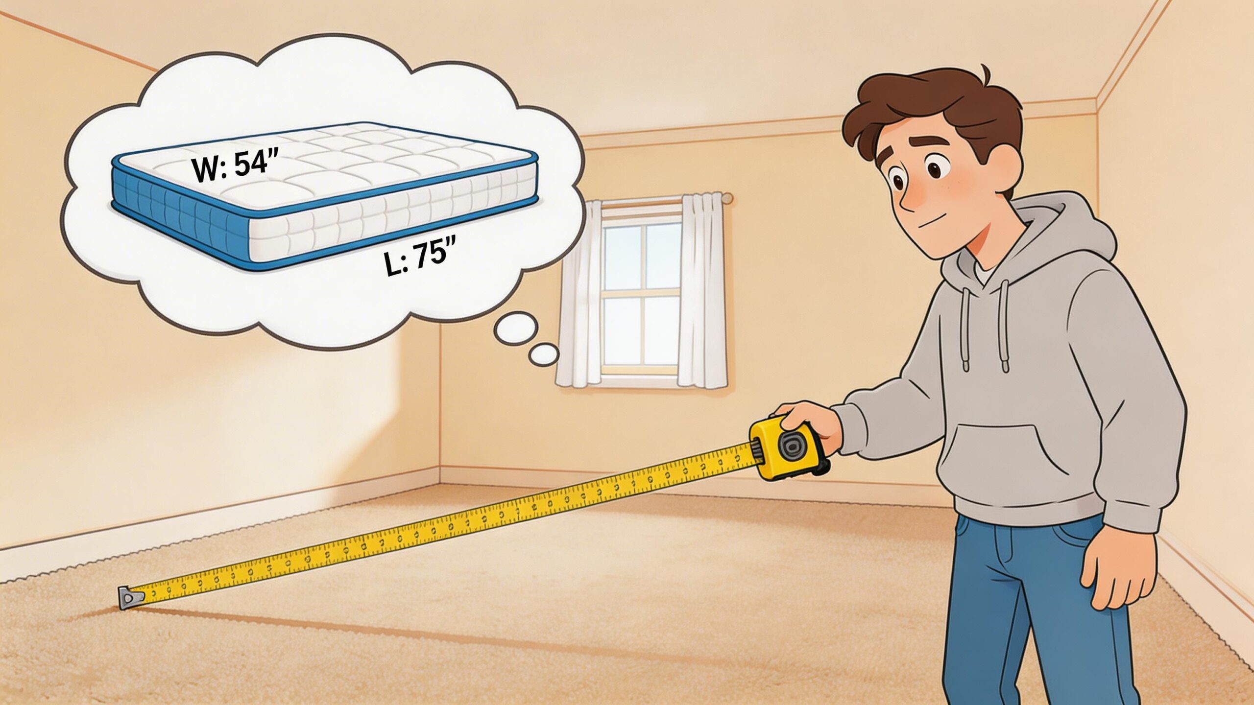 A young man holding a tape measure in an empty room, thinking about a mattress size.