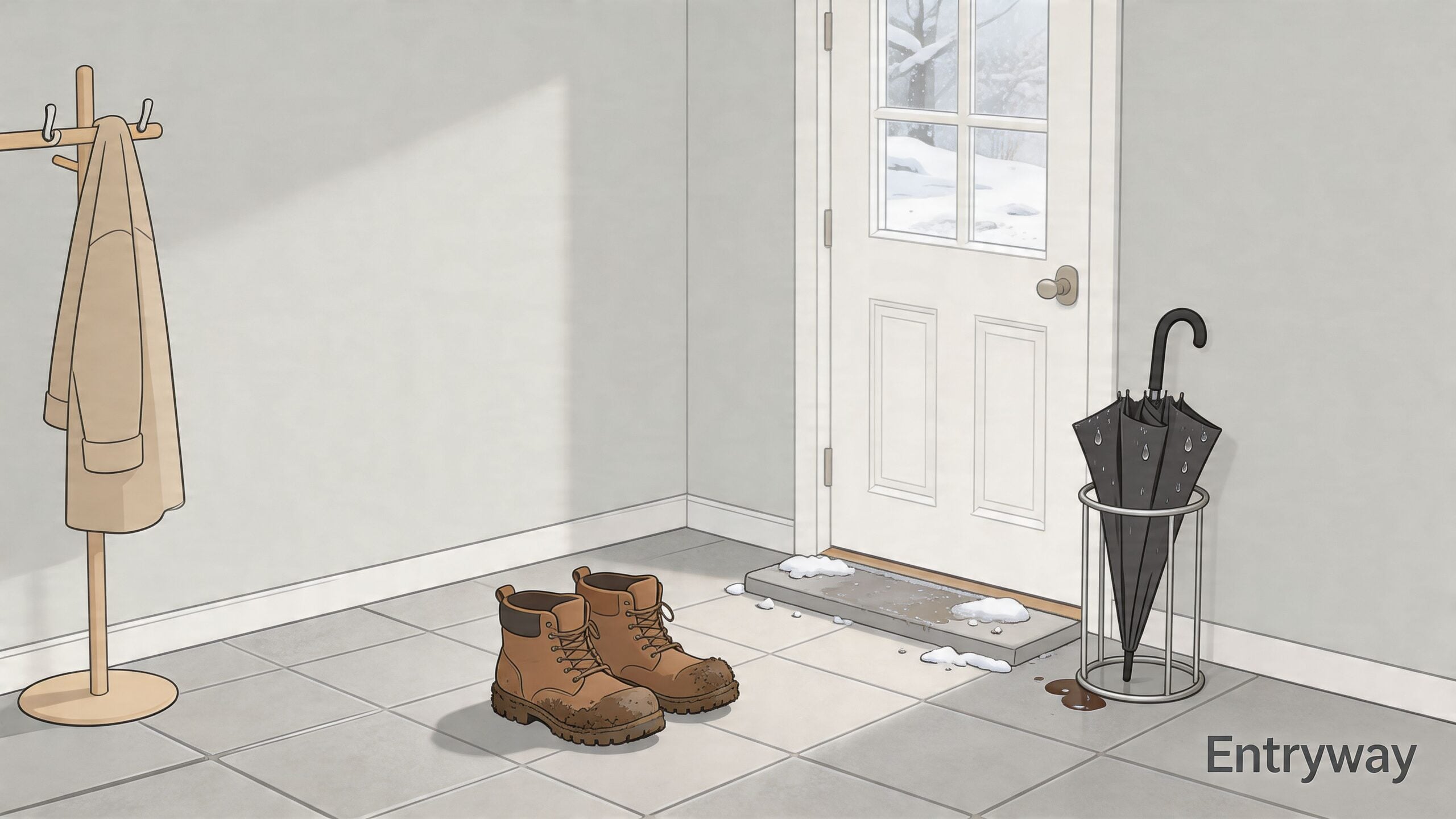 A minimalist entryway with snowy boots, a wet umbrella stand, and a coat rack on tile flooring.