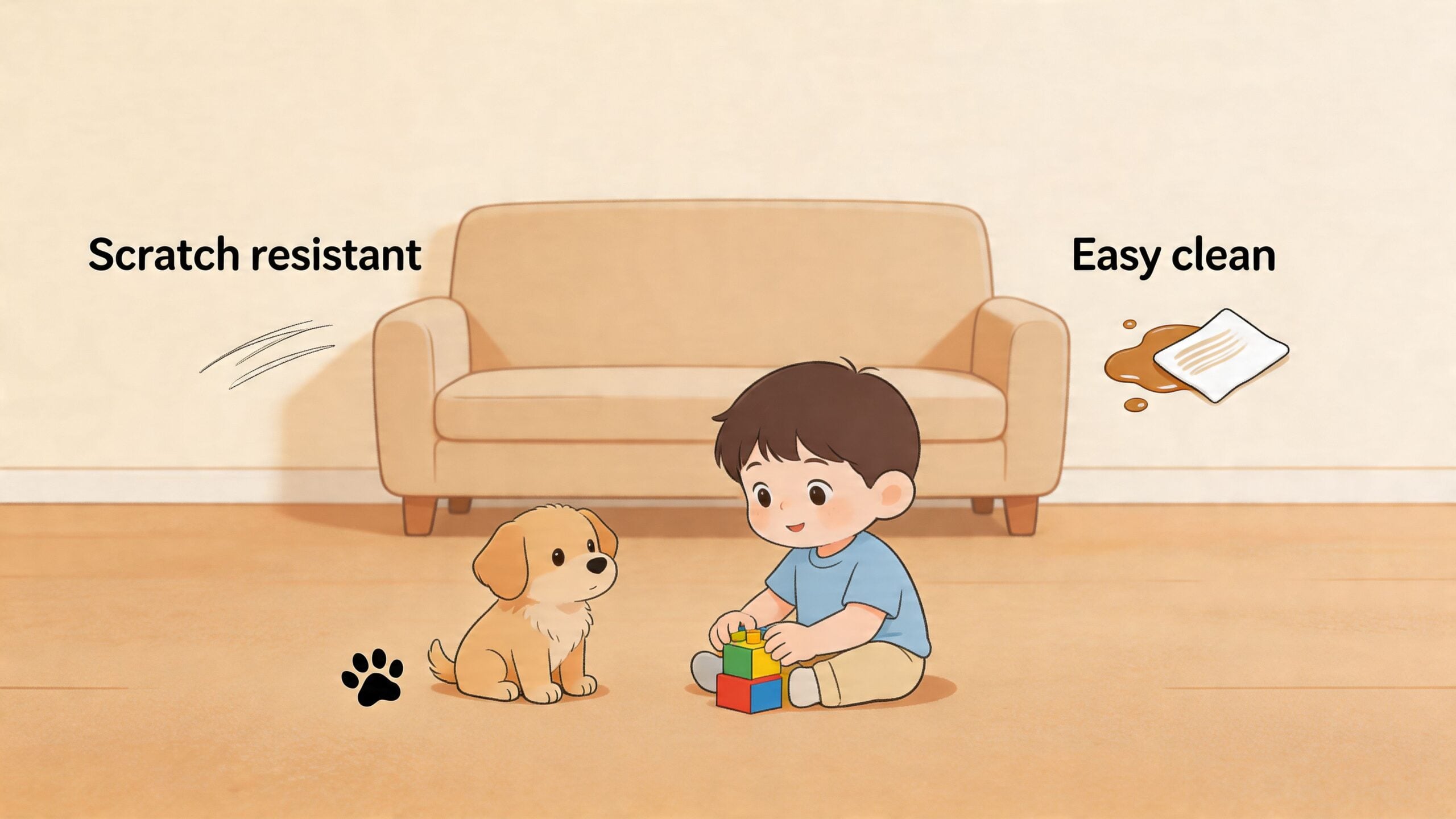 A young boy plays with building blocks next to a puppy in front of a living room sofa.