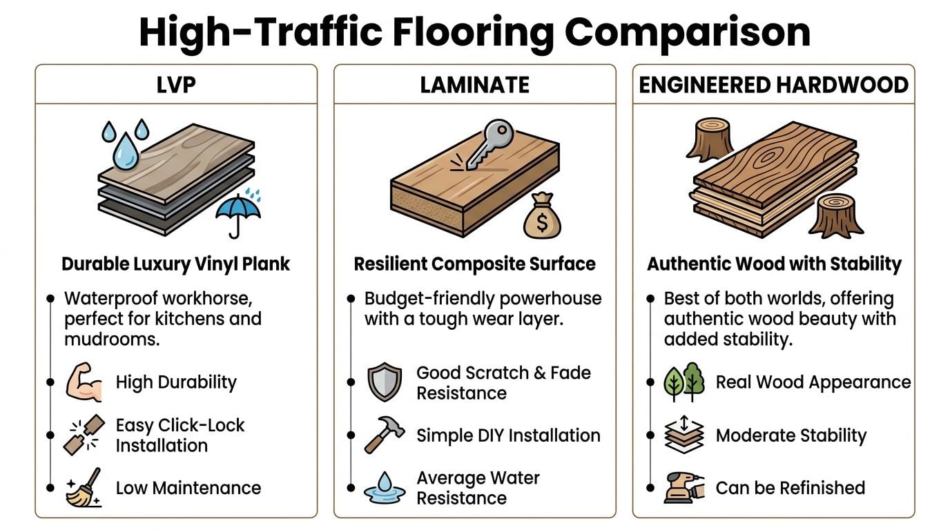 A comparison chart showing features of luxury vinyl plank, laminate, and engineered hardwood flooring for high traffic areas.